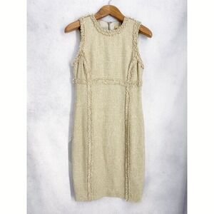 Michael Kors Made in Italy Tweed Fringe Sheath Dress Beige Sleeveless Size 12